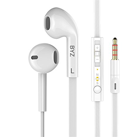 BYZ S389 Flat Cable In-Ear Headphone With Microphone and Volume Control Earbuds for Cellphones, Laptops and 3.5mm Devices (White)