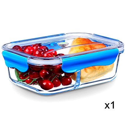 SELEWARE 2-Compartment Glass Food Container,Lunch Container,Divided Container,Bento Food Container with Lids,BPA-Free, Airtight,Leak-proof,Microwave,Oven,Freezer,Dishwasher Safe(53.3oz, Rectangle)