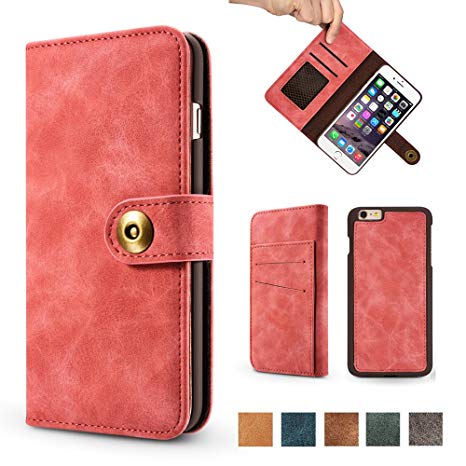 iPhone 6S Plus Case, Vintage 2 in 1 [Magnetic Detachable] Flip Wallet PU Leather Slim Case Retro [4 Card Holder] Slot Wallet Removable Folio Book Cover for iPhone 6 Plus / 6S Plus 5.5 inches - Red