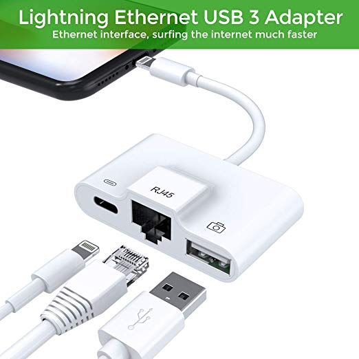 RJ45 Ethernet LAN Wired Network Adapter, iPhone Ethernet Adapter,USB Camera Reader Adapter,Compatible with Phone/Pad, Required iOS 10.0 or Up (White)