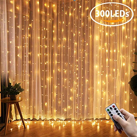 LED Curtain Lights, Kohree Window Curtain Faily Light Remote Control Outdoor Indoor Icicle String Lights for Wedding, Home, Church, Balcony, Holiday, Party Decorations, Warm White, 300 LEDs