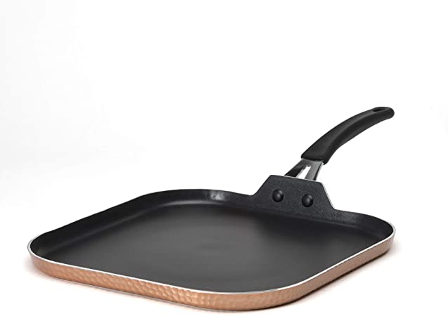 Ecolution Impressions Hammered Cookware, Non-Stick Square Griddle Pan, Dishwasher Safe, Riveted Stainless Steel Handle, 11 Inch, Copper