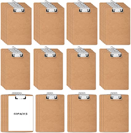 50 Pcs Mini Clipboard 6 x 9 Inch Small Clipboards Wood Hardboard Clip Board Memo Sized Bulk Clipboards Wooden Clipboard for with Low Profile Clip for Home Office School Classroom Party Supplies, Brown