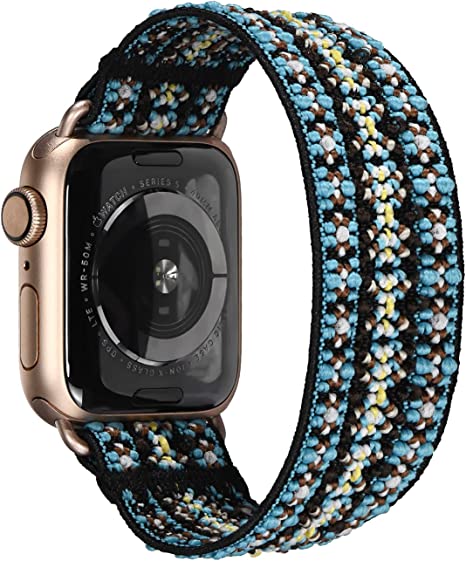 Tefeca Orchid Embroidery Pattern Elastic Compatible/Replacement Band for Apple Watch (Gold Adapter, S for 6.0-6.5 inch wrist, 42/44/45mm)