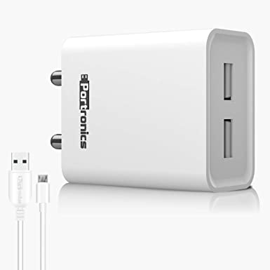 Portronics Adapto 66 POR-1066 2.4A Dual USB Ports Charging Adapter with 1M Micro USB Cable (White)