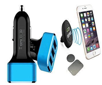 Apple Car Charger Adapter USB with Iphone Car Mount For Iphone 6 5 4s Ipod; 3-Port Car Charger for Ipad Air Mini/ 2 Magnetic plates for Iphone Car Mount Holder Inside