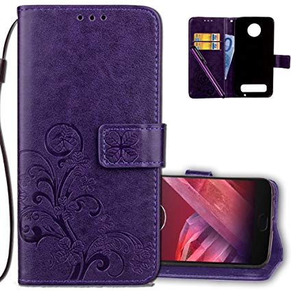 Moto Z2 Play Wallet Case Leather COTDINFORCA Premium PU Embossed Design Magnetic Closure Protective Cover with Card Slots for Moto Z2 Play/Moto Z2 Force. Luck Clover Purple