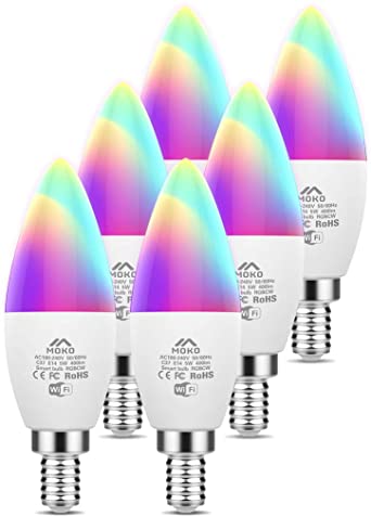 MoKo Smart WiFi LED Light Bulb, 5W E14 Dimmable Candle Bulb Compatible with SmartThings/Alexa Echo/Google Home, Voice/APP Control,RGB   Cool White   Warm White, Timer, No Hub, Only 2.4GHz, 6 Pack