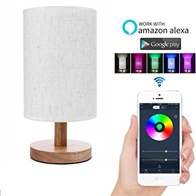 Alexa Smart Table Lamp, Wifi Dimmable Multicolored Color Changing Led Light Lamp For Living Room, Bedroom, Party, Smartphone Compatible with Amazon Alexa (Fabric and Wood)