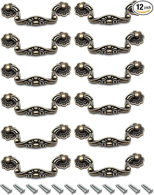 Kitchen Drawer Pulls,12-Pack, Drawer Pull Handle 3" Hole Centers(C to C) with Screws Bronze Medium Zinc Alloy Drop Bail Dresser Pull Handle