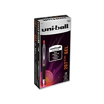 uni-ball 207 Retractable Gel Pens, Micro Point (0.5mm), Red, 12 Count