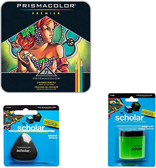 Prismacolor Deluxe Colored Pencil Drawing Kit - 72 Premier Soft Core Colored Pencils in a gift tin, Pencil Sharpener, Artists Eraser