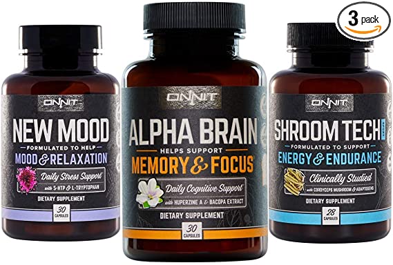 ONNIT Nootropic Stack for Brain, Mood, and Energy - Includes Alpha Brain, New Mood and Shroom Tech Sport