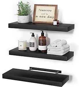 upsimples Floating Shelves with Invisible Brackets, Wall Mounted Rustic Wood Shelves Set of 3, Black