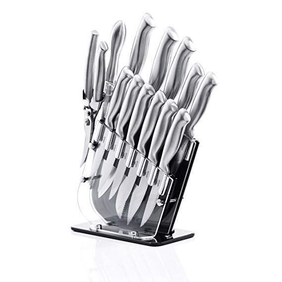 Ashlar Commercial 14-Piece Stainless Steel Kitchen Knife Set with Acrylic Block Knife Holder - Quality One Piece Construction - Includes Knife Sharpener & Kitchen Scissors