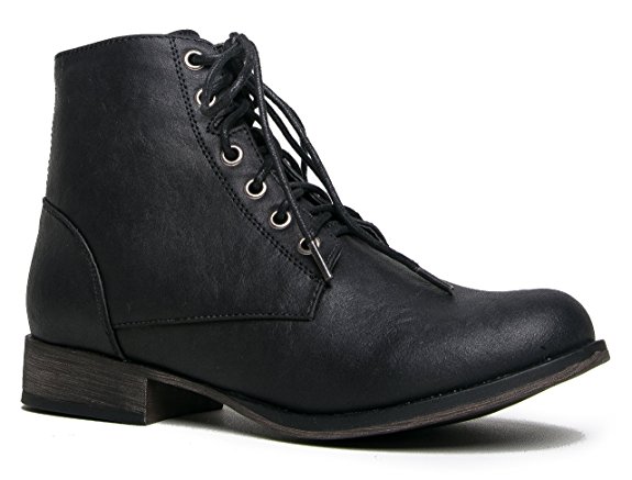 Breckelles Women's Georgia-43 Faux Leather Ankle High Lace Up Combat Boots