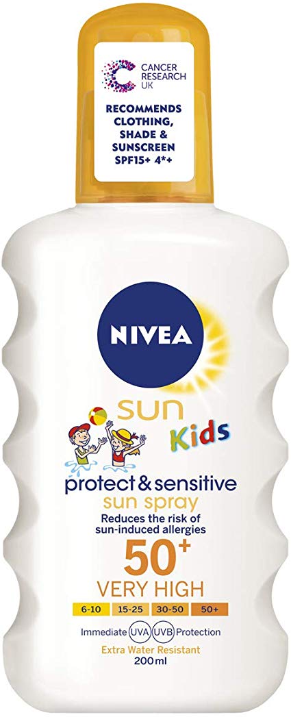 NIVEA SUN Kids Protect & Sensitive Spray (200ml) Sunscreen Spray with SPF 50 , Kids Suncream for Sensitive Skin, Immediately Protects Against Sun Exposure