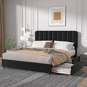 VECELO Full Size Upholstered Bed Frame with 4 Drawers and Adjustable Headboard, Velvet Platform Storage Bedframe Mattress Foundation, Wooden Slats Support, No Box Spring Needed, Black