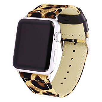 Apple Watch Band, Bandmax Stainless Steel Metal Clasp Buckle Comfortable Denim Fabric Replacement Strap for Apple Watch All Models(Leopard Pattern 42MM)