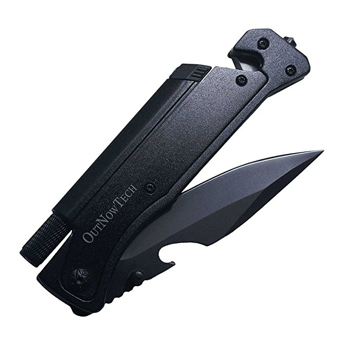 OutNowTech VANTAGE Multi-Purpose Folding Pocket Knife - One-Handed Easy Open Survival Knife for Hikers & Campers, with Magnesium Fire Starter, Belt Cutter & LED Light