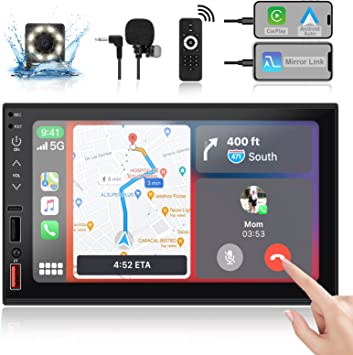FISHOAKY 7inch Double DIN Car Stereo, Touch Screen Car Stereo with Apple Carplay, Android Auto. 4 USB ports and 1Type-c port, Bluetooth and Bluetooth Amplifier/Reversing Image/External Microphone