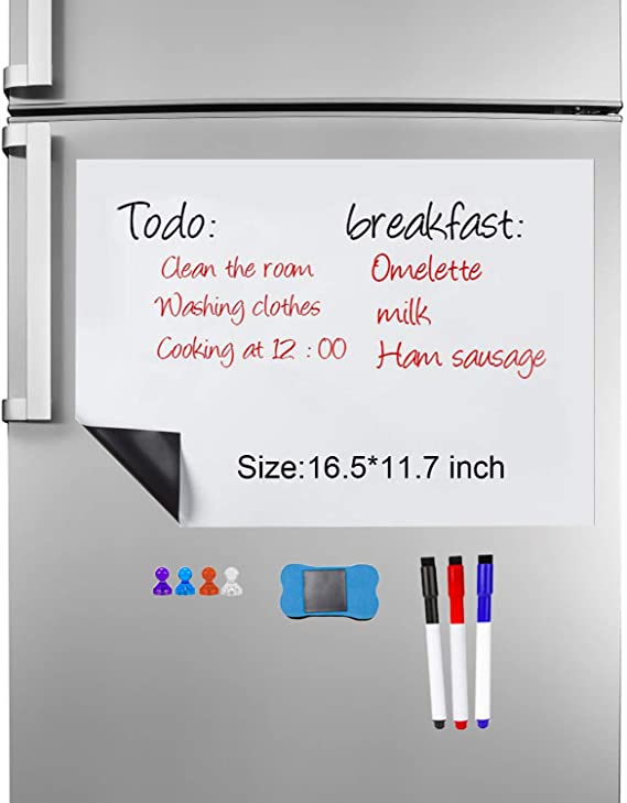 Magnetic Dry Erase Whiteboard Sheet for Fridge（ 16.5 “x 11.7“inch ）Stain Resistant Technology – Refrigerator White Board Planner & Organizer - Includes 1 Eraser, 3 Markers &4 Fridge Magnets