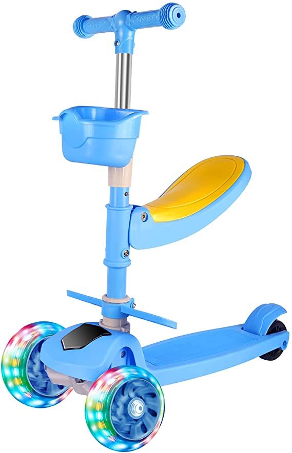 PERZCARE Kick Scooters for Kids - Wheel LED Lights, Adjustable Lean-to-Steer Handlebar with Foldable Removable Seat - Sit or Stand Ride with Brake for Boys and Girls, 2-14 Years