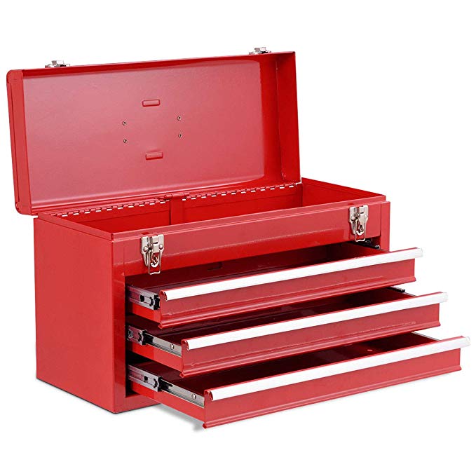 Goplus Tool Chest 20-Inch Portable Tool Box Steel Cabinet w/ 3 Drawers and Top tray, Red