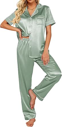 Ekouaer Silk Satin Pajamas Set Women Short Sleeve Sleepwear Soft Button Down Loungewear Pjs Set