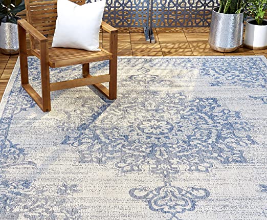 Home Dynamix Nicole Miller Patio Country Azalea Indoor/Outdoor Area Rug 7'9"x10'2", Traditional Medallion Gray/Blue