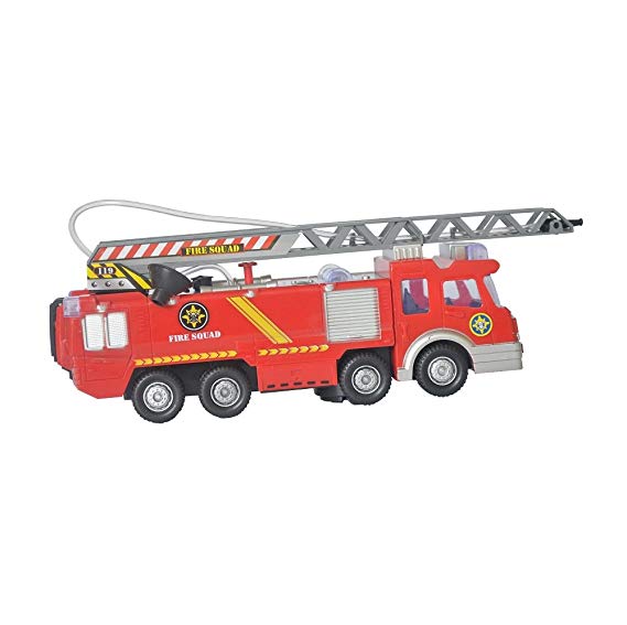 Rifi Electric Fire Truck, 10 inch Bump and Go Action Engine Rescue Vehicle On/Off Sound Lights Siren Extending Ladder and Water Pump Hose, Fire Fighting Toy