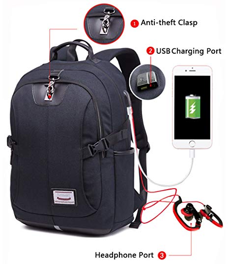 Laptop Backpack School College Bookbag for Men Travel Business Computer Bag with USB Charging Port, Anti Theft Clasp and Headphone Port (Black Plus)