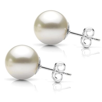 14k Gold White Round Genuine Freshwater Cultured High Luster Pearl Stud Earrings