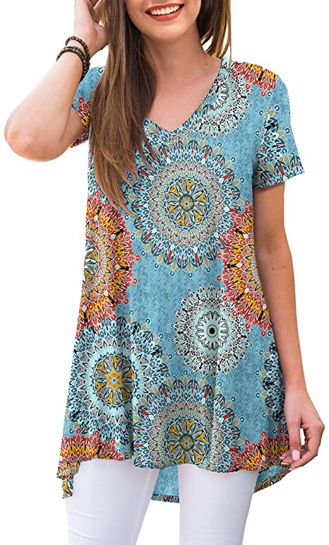 AWULIFFAN Women's Summer Casual Short Sleeve V-Neck T-Shirt Tunic Tops Blouse Shirts