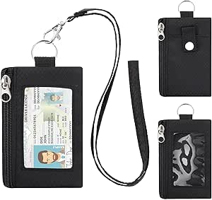 Minimalist RFID Wallet with Lanyard, Multi-Functional ID Case with 2 Zipper Pockets and Key Chain for Men and Women, Tactical Badge Pouch Cards Holder, Coin Purse for Travel Sports-Black