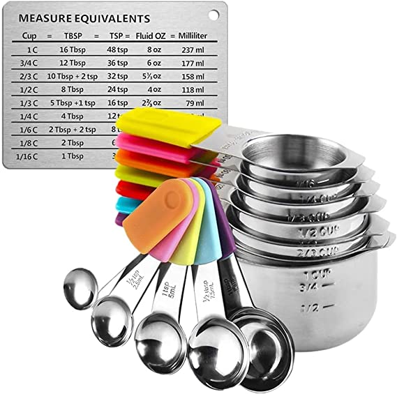 RWM Measuring Cups and Spoons Set, (13pcs) 7 Magnetic Stainless Steel Metal Measure Cups, 5 Measuring Spoons and 1 Measurement Conversion Chart