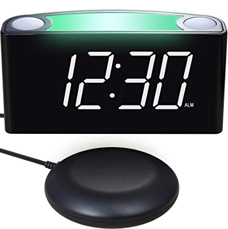 Alarm Clock with Bed Shaker, 7’’ Large Display Digital Clock, Full Dimmer, 7-Color Night Light, USB Chargers,12/24 H, AC Power & Battery Backup for Heavy Sleepers, Deaf People, Seniors, Kids, Bedrooms