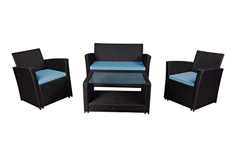 Modern Outdoor Garden, Patio 4 Piece Set - Wicker Sofa Furniture Set (Black/Blue)