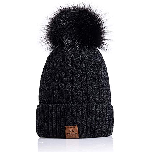 PAGE ONE Women Winter Pom Pom Beanie Hats Warm Fleece Lined,Chunky Trendy Cute Chenille Knit Twist Cap