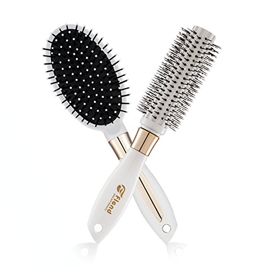 Flend Detangling Brush Set (Blow-Dry Brush Full Round Curling Brush) for Hair Styling and Scalp Massage (White)