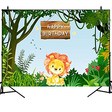 Mehofoto Animals Jungle Happy Birthday Backdrop Cartoon Lion Background Birthday Party Background for Kids 7X5ft Vinyl Party Photo Booth Backdrop for Photography