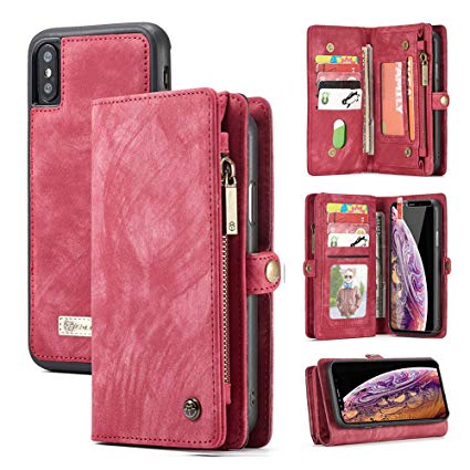 iPhone XR Wallet Case,Zttopo 2 in 1 Leather Zipper Detachable Magnetic 11 Card Slots Card Slots Money Pocket Clutch Cover with Free Screen Protector for 6.1 Inch iPhone Case -Red