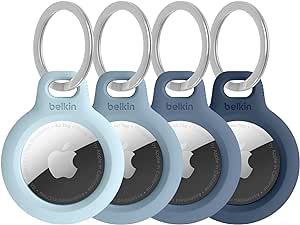 Belkin Apple AirTag Secure Holder w/Key Ring - Durable Scratch Resistant Case w/Open Face Raised Edges - Protective AirTag Keychain Accessory for Keys, Pet, Luggage, Backpack - 4-Pack Blue Gradient