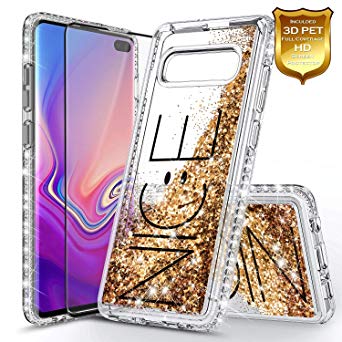 Galaxy S10  Plus Case with Screen Protector (Full Coverage 3D PET) for Gilrs Women, NageBee Glitter Liquid Sparkle Floating Waterfall Durable Cute Case for Samsung Galaxy S10  /S10 Plus -Gold Nice