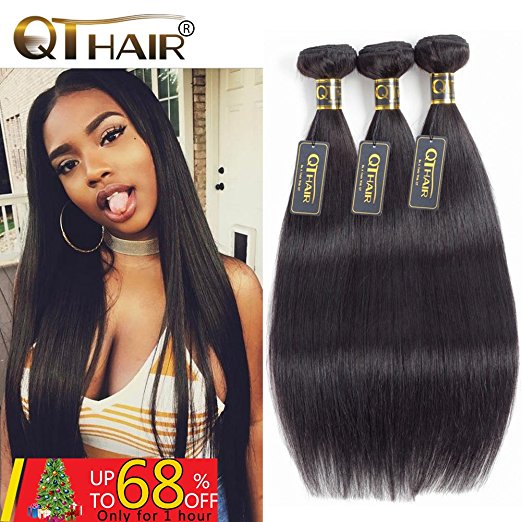 QTHAIR 10A Unprocessed Indian Straight Virgin Hair (18" 20" 22",300g) 100% Indian Straight Virgin Hair Extension Weaves Natural Black