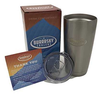 Burrrsky Coolers Stainless Steel Vacuum Insulated Tumbler with Spill/ Splash Proof Lid,  20oz, Stainless Steel Plain
