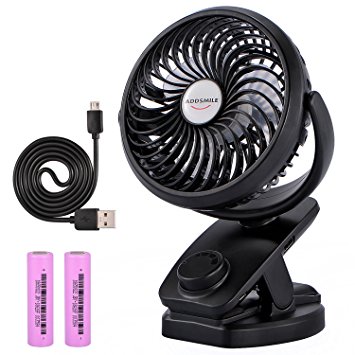 ADDSMILE Battery Operated Fan, Clip On Fan, Portable Rechargeable Desk Fan for Baby Stroller, Car Gym Home Office Outdoor Traveling and Camping Black