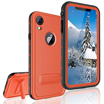 FXXXLTF iPhone XR Waterproof Case, iPhone XR 360 Degree Full Body Protective Case Ultra Slim with Stand Cover Shockproof Snowproof Built in Screen Protector for iPhone XR 2018(6.1 Inch,Red&Stand)