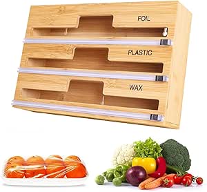 3 in 1 Bamboo Wrap Dispenser with Cutter and Labels, Plastic Wrap, Aluminum Foil and Wax Paper Dispenser for Kitchen Drawer, Wall Mount Holder, Compatible with 12" Roll