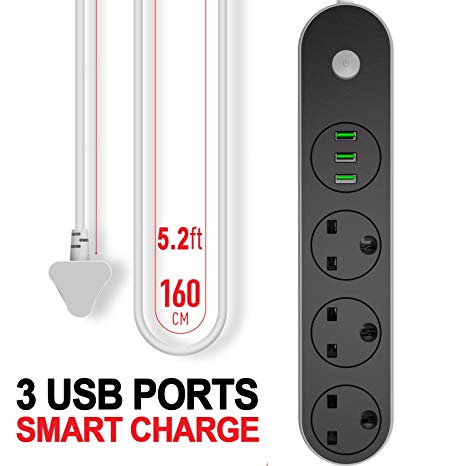 USB Extension Lead with USB Ports - FAGORY 1.6 Metre Power Strip with 3 Smart USB Charger and 3 Way Outlets, Overload Switch/Surge Protection Multi USB Plug Extension Cord Socket, UK Power Bar With Fuse